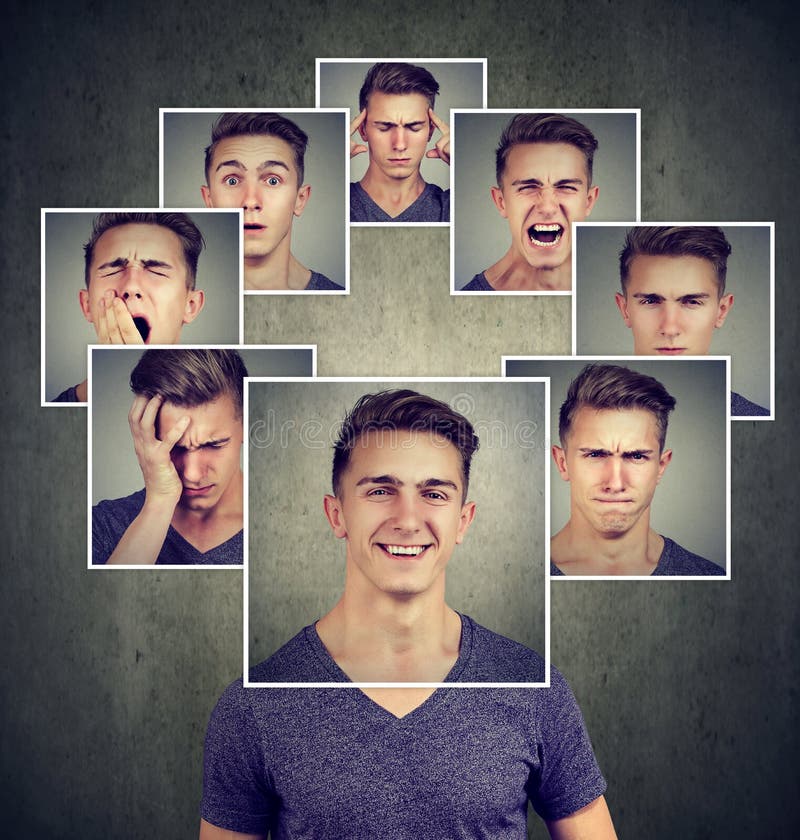 Retrato de un hombre joven enmascarado feliz que expresa diversas emociones