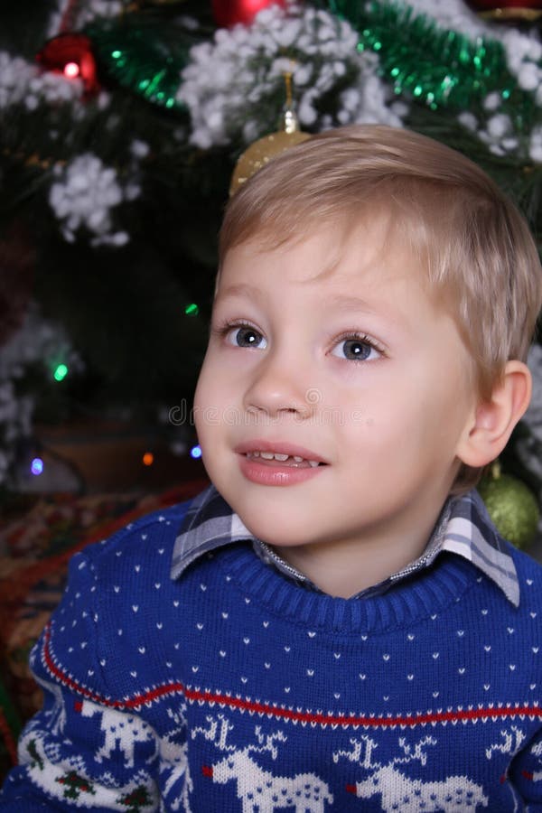 Retrato de un muchacho joven detrás del niño un árbol de navidad foto de archivo Retrato de un muchacho joven detrás del niño un árbol de navidad foto de archivo