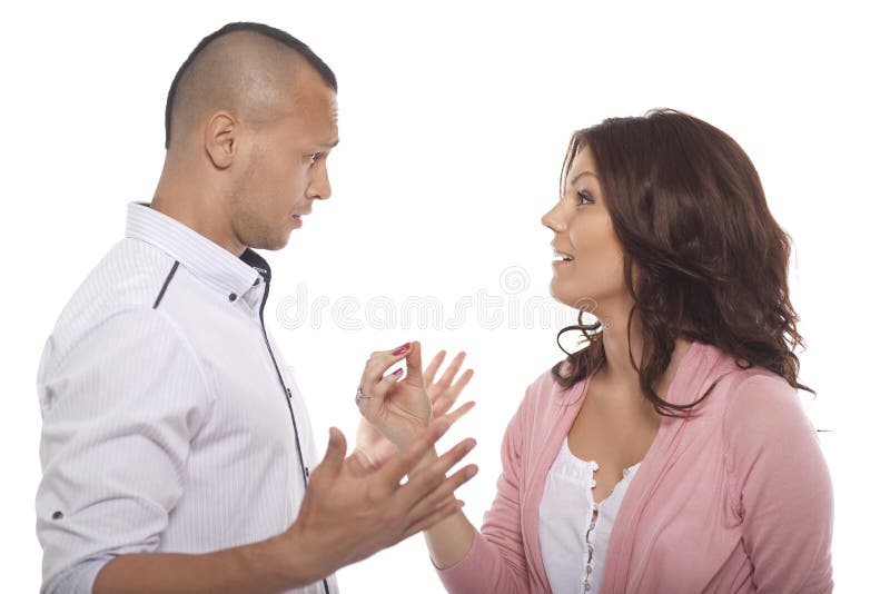 Portrait Of A Couple Having A Conversation On White Background. Portrait Of A Couple Having A Conversation On White Background