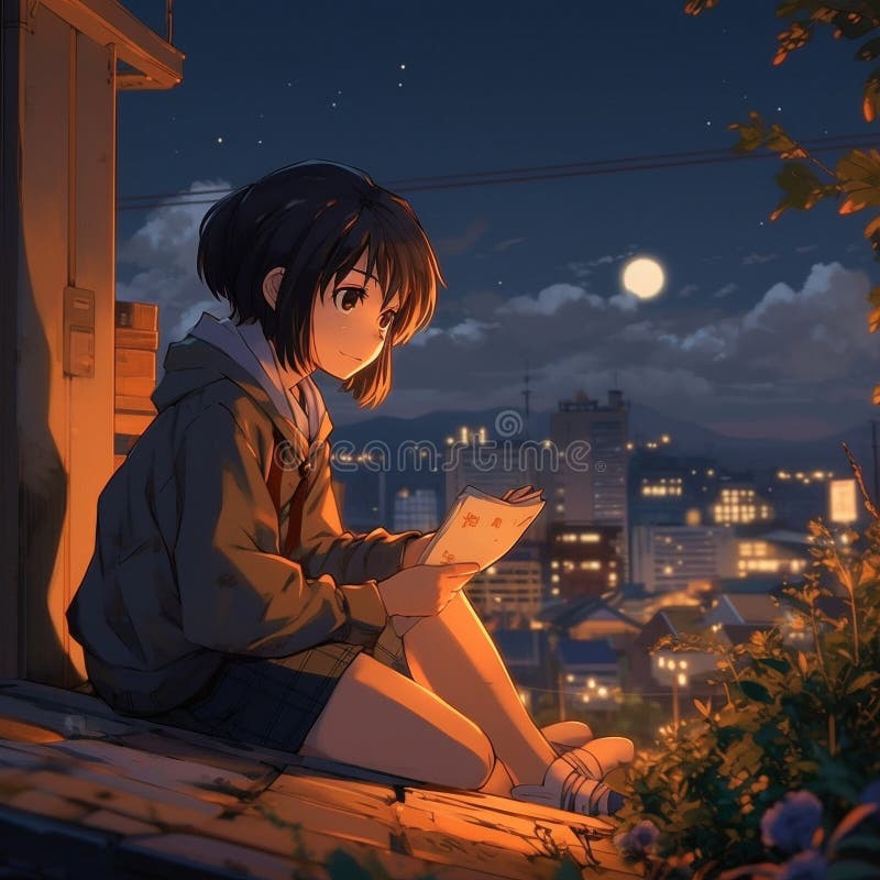  Retrato De Una Anime En La Ciudad Stock de ilustración