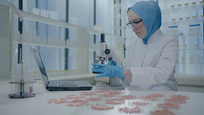 Retrato de una científica musulmana con hiyab y abrigo blanco mirando a través de un microscopio estudiando carne artificial
