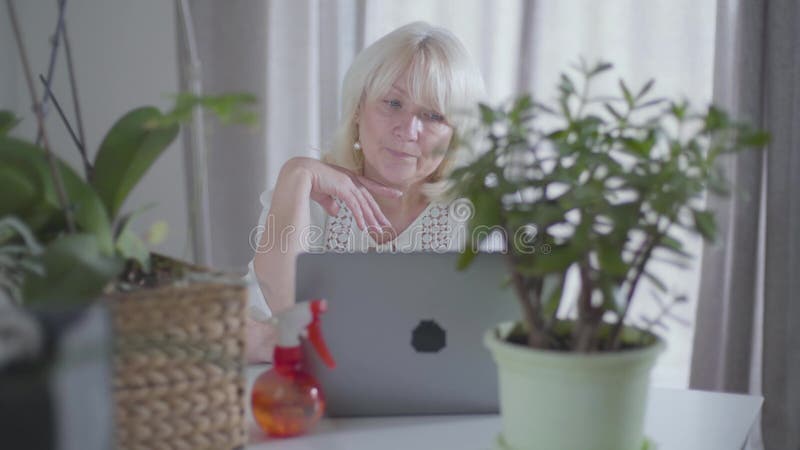 Retrato de una considerada mujer caucásica sentada con una laptop en casa y mirando su jardinería Mujer madura metrajes