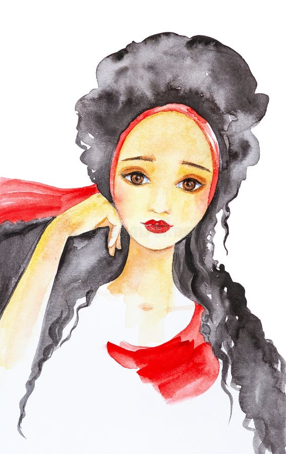 Retrato de una muchacha hermosa con el pelo negro largo atado con una bufanda roja Ejemplo de la acuarela aislado en el fondo bla ilustración del vector Retrato de una muchacha hermosa con el pelo negro largo atado con una bufanda roja Ejemplo de la acuarela aislado en el fondo bla ilustración del vector