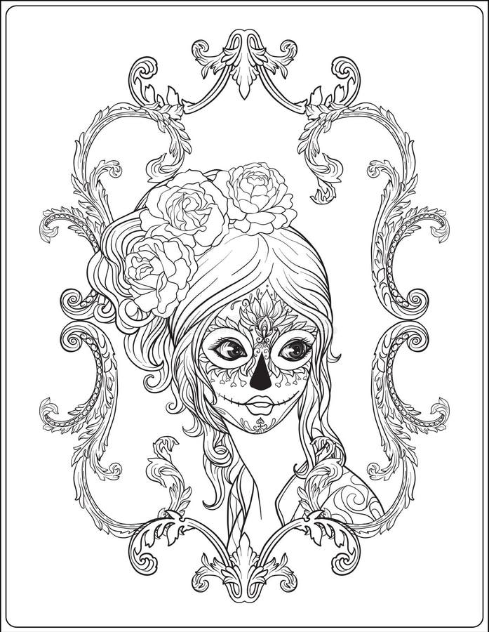 Retrato de una muchacha hermosa joven en Halloween o del día de los muertos ilustración del vector Retrato de una muchacha hermosa joven en Halloween o del día de los muertos ilustración del vector