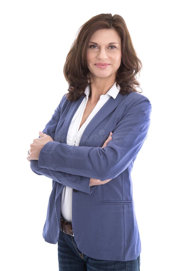 Retrato de una mujer de negocios atractiva y feliz aislada en wh imagenes de archivo