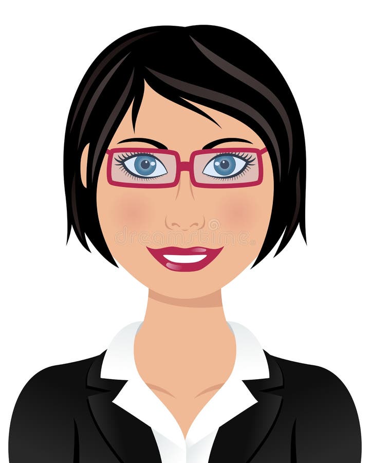 Portrait of a beautiful caucasian business woman smiling with black hair, blue eyes, wearing suit and blouse, with red glasses, isolated on white background. Eps file available. Portrait of a beautiful caucasian business woman smiling with black hair, blue eyes, wearing suit and blouse, with red glasses, isolated on white background. Eps file available.
