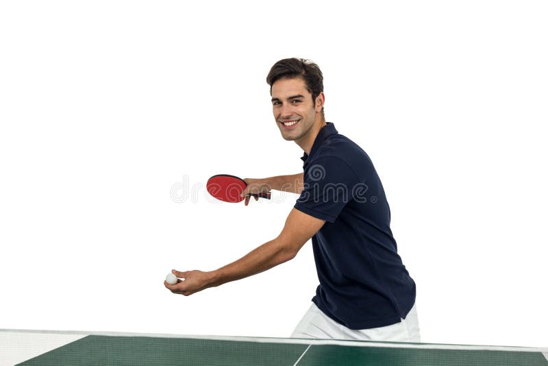 Retrato del atleta de sexo masculino feliz que juega a tenis de mesa foto de archivo Retrato del atleta de sexo masculino feliz que juega a tenis de mesa foto de archivo