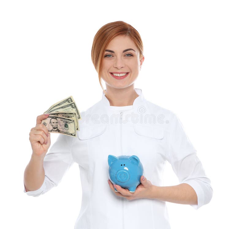 Retrato del doctor de sexo femenino con la hucha imagen de archivo Retrato del doctor de sexo femenino con la hucha imagen de archivo