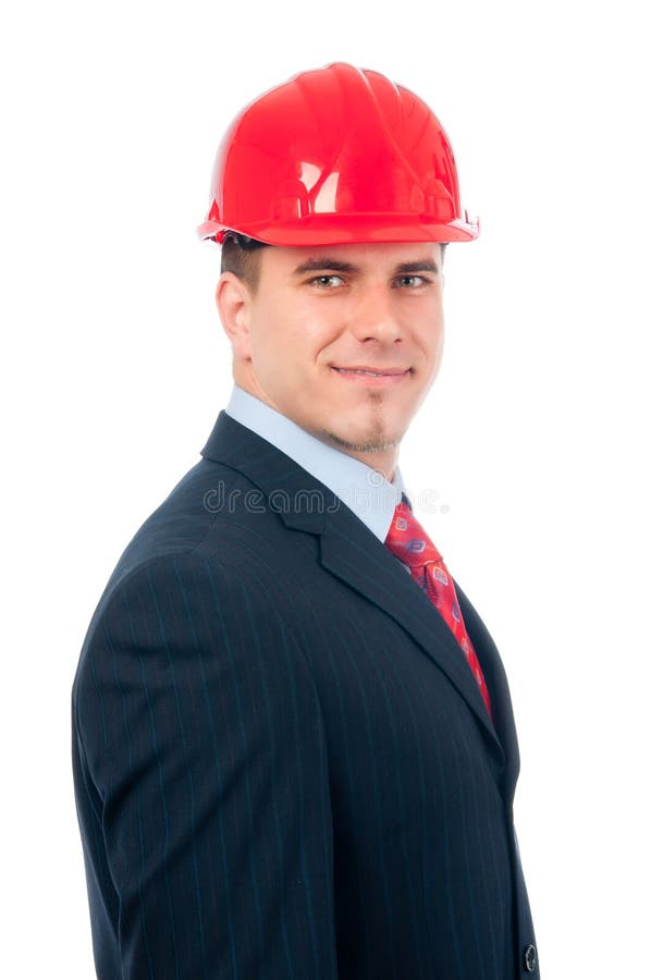Retrato del ingeniero sonriente hermoso con el sombrero duro imágenes de archivo libres de regalías Retrato del ingeniero sonriente hermoso con el sombrero duro imágenes de archivo libres de regalías