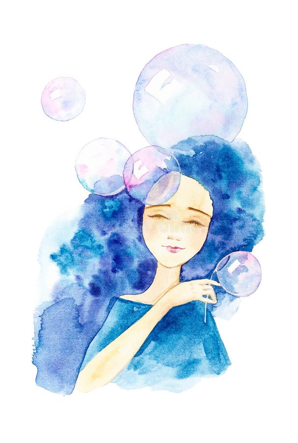Retrato del primer de una muchacha hermosa en un vestido azul con el pelo azul y los ojos cerrados Rodeado por las burbujas de ja stock de ilustración Retrato del primer de una muchacha hermosa en un vestido azul con el pelo azul y los ojos cerrados Rodeado por las burbujas de ja stock de ilustración