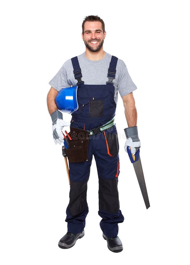 Retrato del trabajador sonriente en uniforme del azul foto de archivo libre de regalías Retrato del trabajador sonriente en uniforme del azul foto de archivo libre de regalías