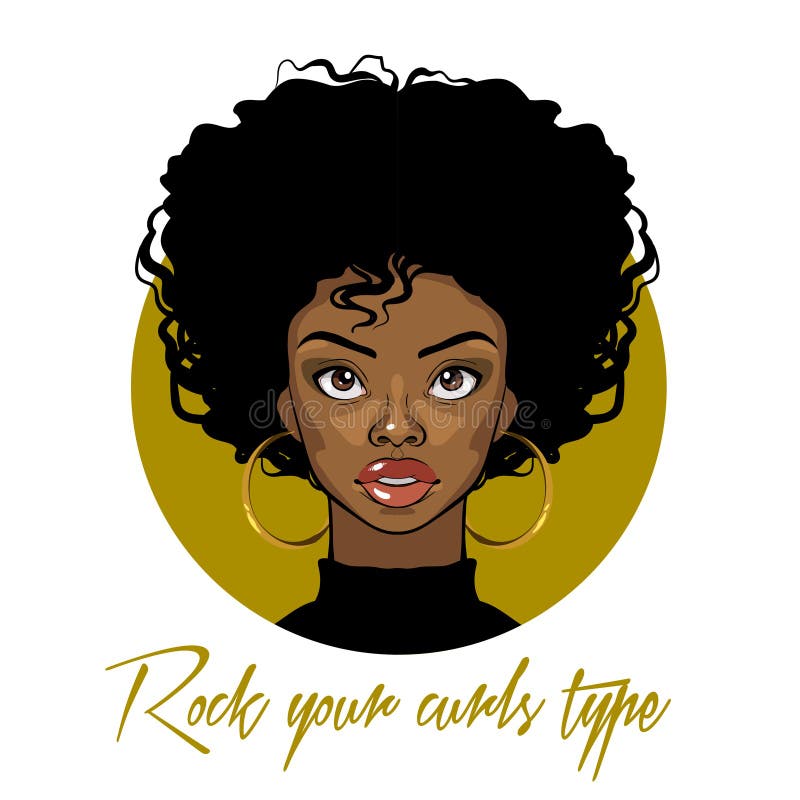 Retrato del vector de la historieta de una muchacha afroamericana con el pelo rizado, los ojos grandes y los pendientes de oro Ej stock de ilustración Retrato del vector de la historieta de una muchacha afroamericana con el pelo rizado, los ojos grandes y los pendientes de oro Ej stock de ilustración