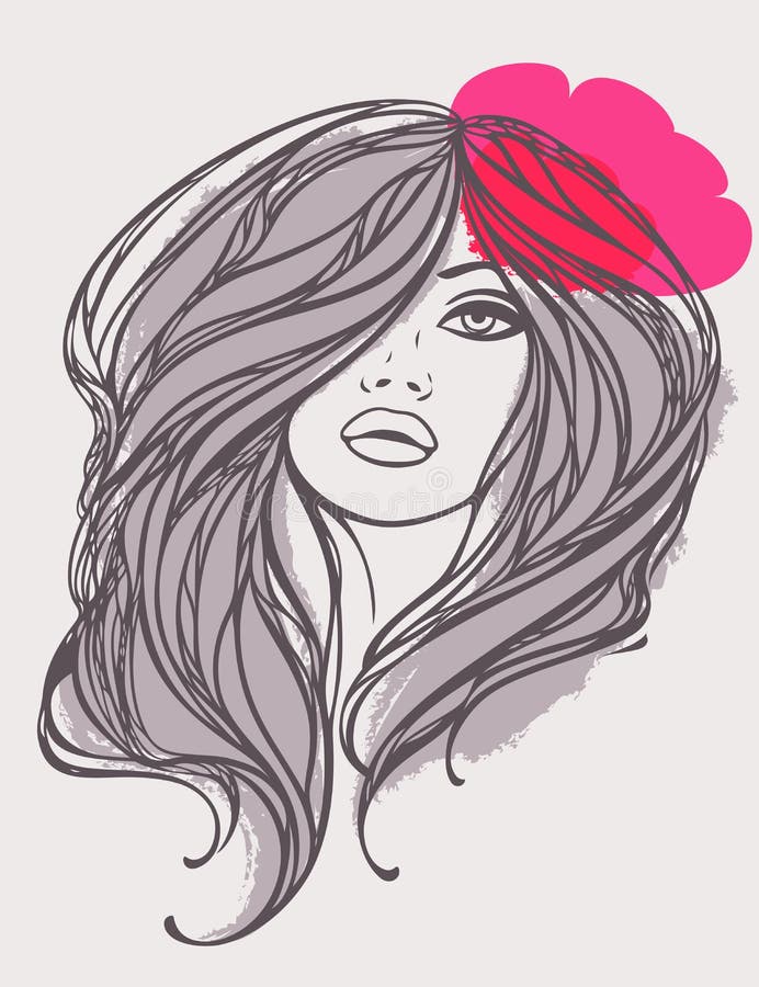 Retrato del vector de la muchacha de pelo largo con la flor. ilustración del vector Retrato del vector de la muchacha de pelo largo con la flor. ilustración del vector