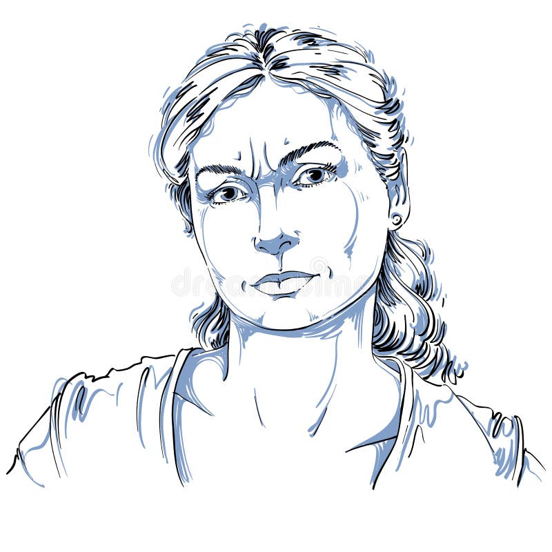 Retrato desenhado à mão da mulher duvidosa da branco-pele, emoções da cara ilustração stock Retrato desenhado à mão da mulher duvidosa da branco-pele, emoções da cara ilustração stock
