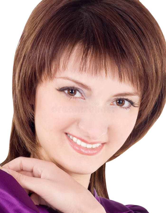 Retrato do brunette de sorriso sobre o branco fotos de stock royalty free Retrato do brunette de sorriso sobre o branco fotos de stock royalty free