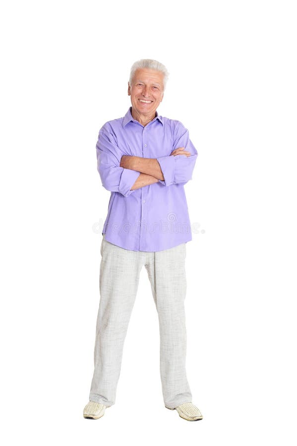 Retrato do homem superior de sorriso no fundo branco imagem de stock Retrato do homem superior de sorriso no fundo branco imagem de stock
