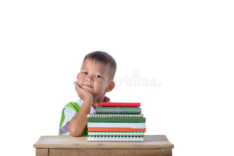 Retrato do menino asiático de sorriso do estudante pequeno com o edu de muitos livros fotos de stock royalty free Retrato do menino asiático de sorriso do estudante pequeno com o edu de muitos livros fotos de stock royalty free