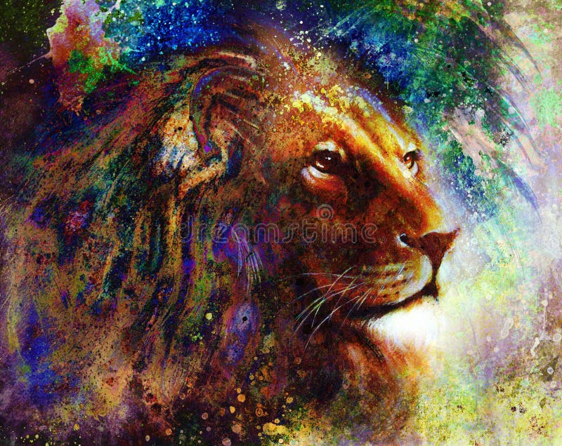 Retrato do perfil da cara do leão, no fundo abstrato colorido do teste padrão da pena ilustração royalty free Retrato do perfil da cara do leão, no fundo abstrato colorido do teste padrão da pena ilustração royalty free