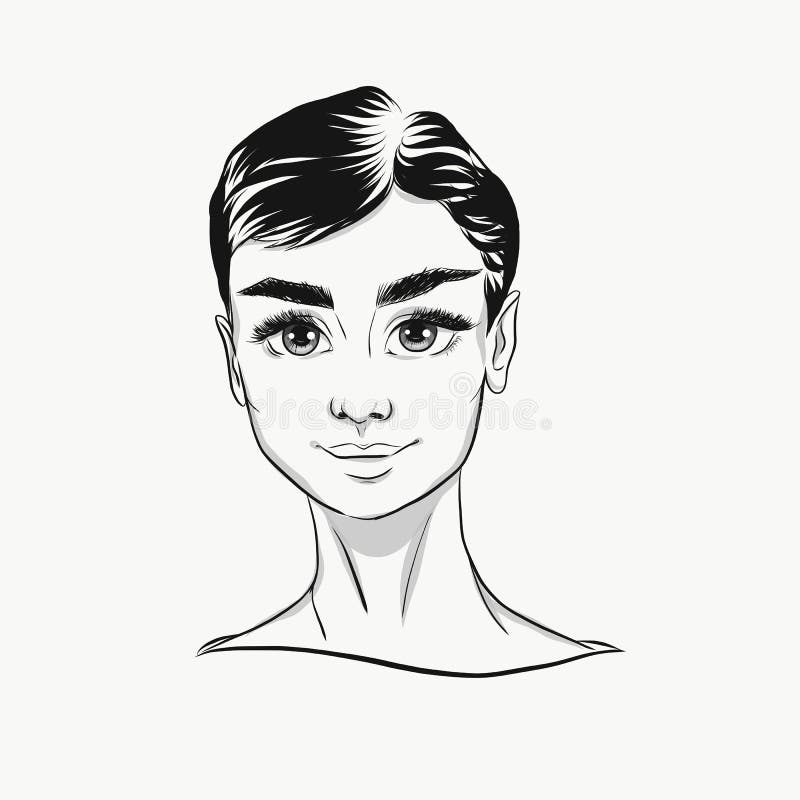 Moscow / Russia, July 01, 2018: Vector Audrey Hepburn cartoon portrait black and white. Cute face with big eyes for fashion print, poster, banner, icon, illustration. Young girl, successful woman. Moscow / Russia, July 01, 2018: Vector Audrey Hepburn cartoon portrait black and white. Cute face with big eyes for fashion print, poster, banner, icon, illustration. Young girl, successful woman