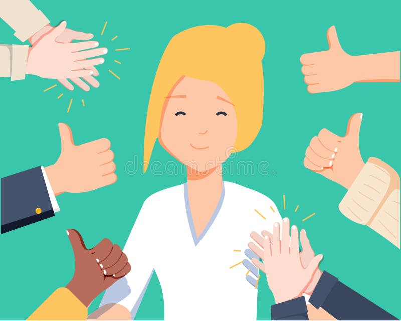 Happy woman portrait with thumbs up and human hands clapping isolated on background. Thumbs up flat hands for social network, blog and app. Party celebration concept. Happy woman, vector illustration. Happy woman portrait with thumbs up and human hands clapping isolated on background. Thumbs up flat hands for social network, blog and app. Party celebration concept. Happy woman, vector illustration