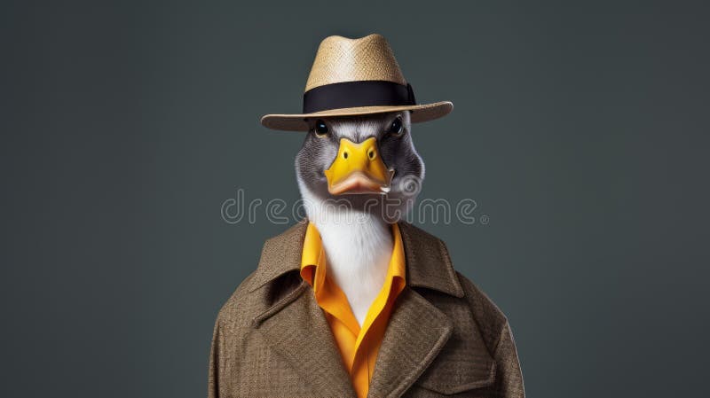 Retrato fotorealista de un ganso con traje y sombrero de estilo stock de ilustración
