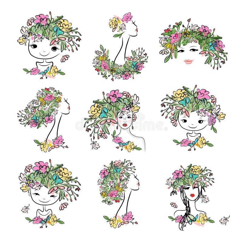 Retrato fêmea com penteado floral, coleção para seu projeto ilustração royalty free Retrato fêmea com penteado floral, coleção para seu projeto ilustração royalty free
