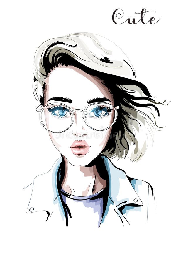 Retrato hermoso dibujado mano de la mujer Mujer de la moda en lentes
