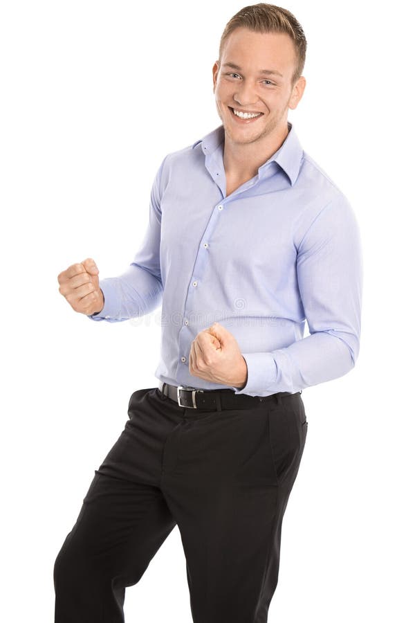 Retrato: Hombre de negocios elegante joven acertado aislado que anima a fotografía de archivo libre de regalías Retrato: Hombre de negocios elegante joven acertado aislado que anima a fotografía de archivo libre de regalías