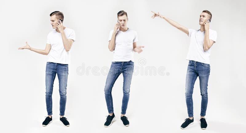 Retrato integral del hombre de negocios joven hermoso en diversas actitudes aislado en el fondo blanco, usando el teléfono móvil, imágenes de archivo libres de regalías Retrato integral del hombre de negocios joven hermoso en diversas actitudes aislado en el fondo blanco, usando el teléfono móvil, imágenes de archivo libres de regalías