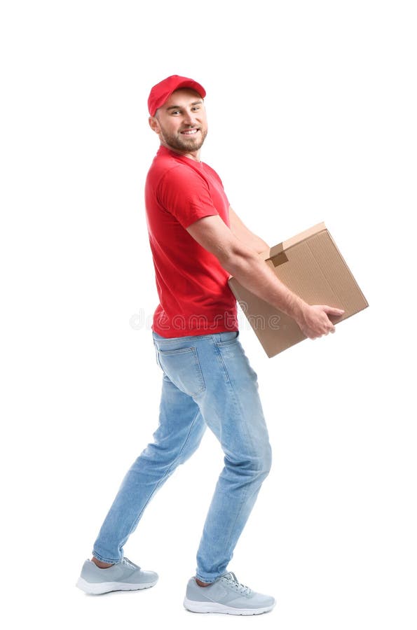 Retrato integral del hombre en caja del cartón del uniforme que lleva imágenes de archivo libres de regalías Retrato integral del hombre en caja del cartón del uniforme que lleva imágenes de archivo libres de regalías