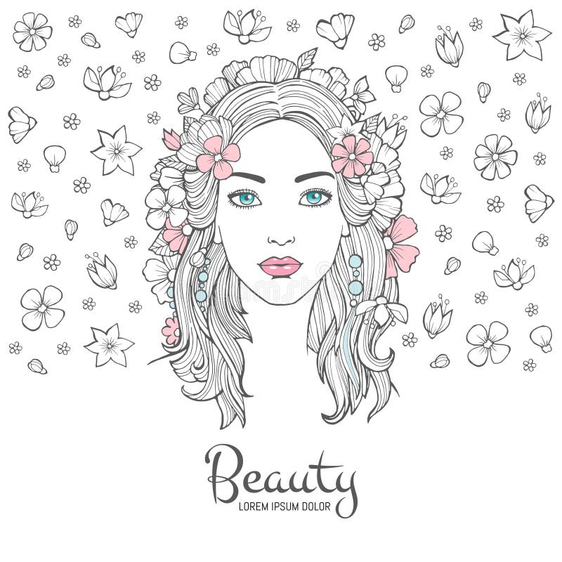 Retrato lindo de la mujer La mujer hermosa joven de la moda del encanto florece en fondo del vector de la cara del pelo y de la s libre illustration Retrato lindo de la mujer La mujer hermosa joven de la moda del encanto florece en fondo del vector de la cara del pelo y de la s libre illustration