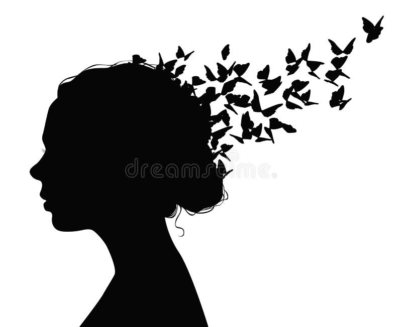 Retrato negro del vector de una mujer con las mariposas que vuelan de su pelo stock de ilustración