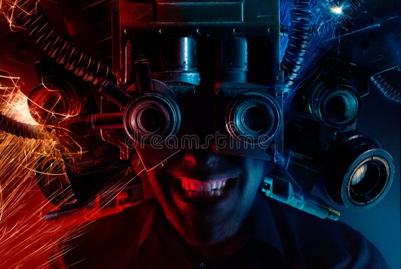 Photo of a cyberpunk male head portrait with robotic helmet with wires, metal parts and binoculars on black background. Photo of a cyberpunk male head portrait with robotic helmet with wires, metal parts and binoculars on black background