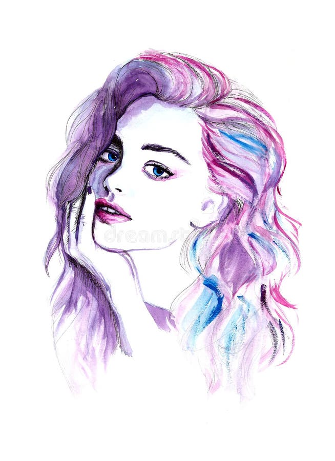 Retrato púrpura de la mujer de la moda de la acuarela stock de ilustración Retrato púrpura de la mujer de la moda de la acuarela stock de ilustración