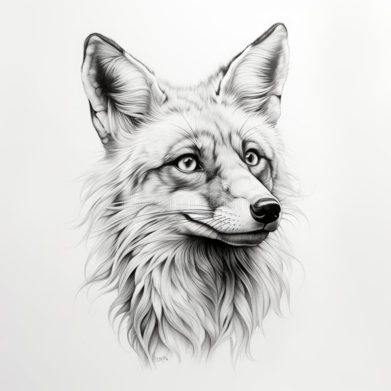 Desenho realista de tatuagem de retrato de raposa em fundo branco