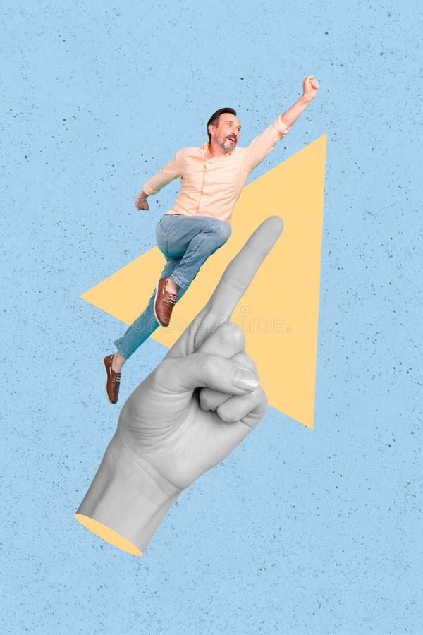 Retrato vertical creativo de collage de dedo enorme del brazo indicar la salida hacia arriba del hombre volador aislado en el fond fotos de archivo libres de regalías
