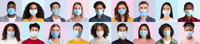 Retratos de hombres y mujeres multinacionales que llevan máscaras de cara médica desechable sobre fondo de color foto de archivo libre de regalías