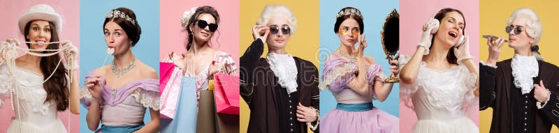 Retratos de jóvenes de la realeza hombres y mujeres posando con diferentes cosas modernas contra los multicolores imagenes de archivo