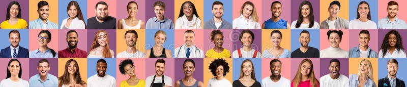 Retratos de personas multirraciales de mediana edad y milenarias sonriendo alegremente fotografía de archivo