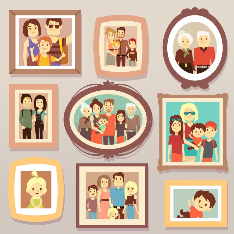 Retratos sonrientes de la foto de la familia grande en marcos en el ejemplo del vector de la pared libre illustration Retratos sonrientes de la foto de la familia grande en marcos en el ejemplo del vector de la pared libre illustration