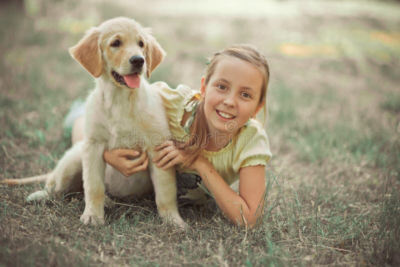 Retriever pup Lovely scene cute young teen girl enjoying posing summer time vacation with best friend dog ivory white labrador pup