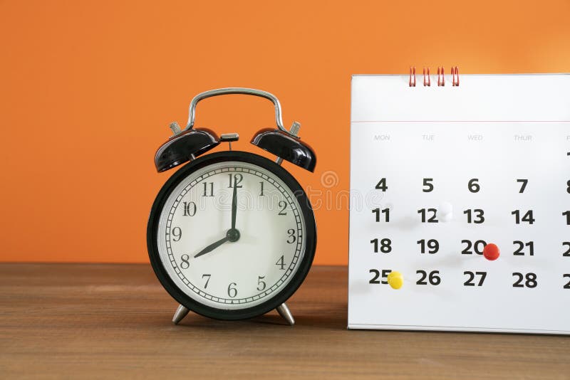 Retro Alarm Clock and Calendar on Wooden Table Stock Image Image of