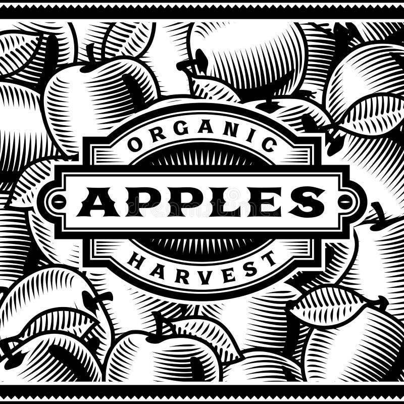 Retro Apple raccoglie l'etichetta in bianco e nero illustrazione di stock Retro Apple raccoglie l'etichetta in bianco e nero illustrazione di stock