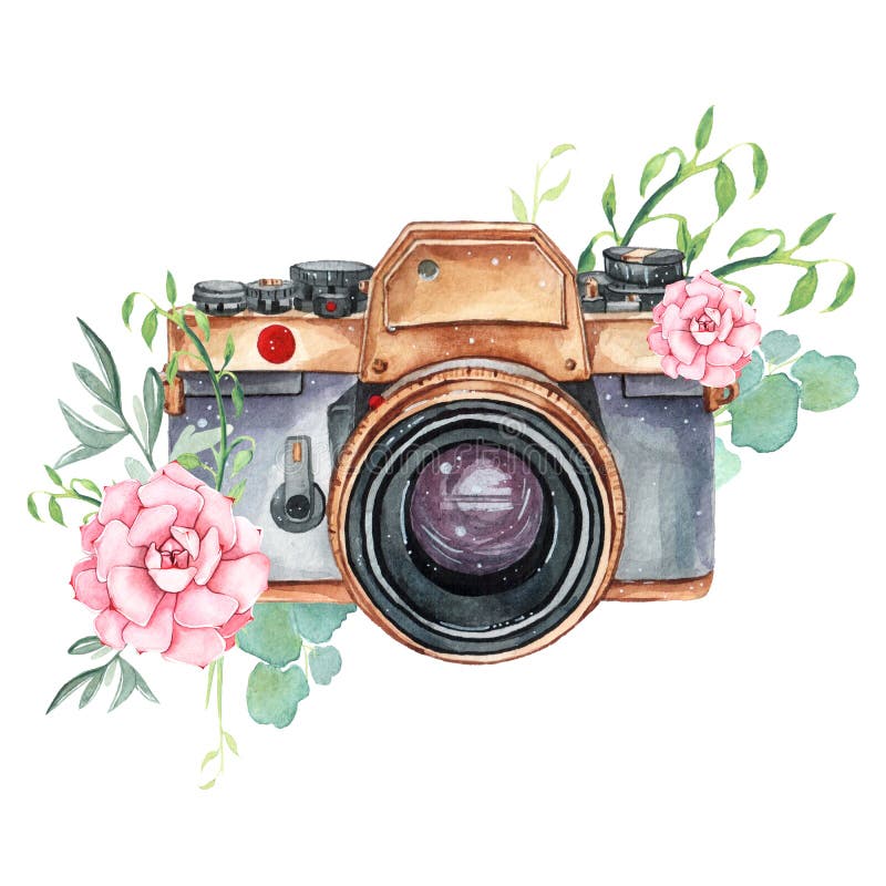Retro- Aquarellkamera der Weinlese Vervollkommnen Sie für Fotografielogo lizenzfreie abbildung