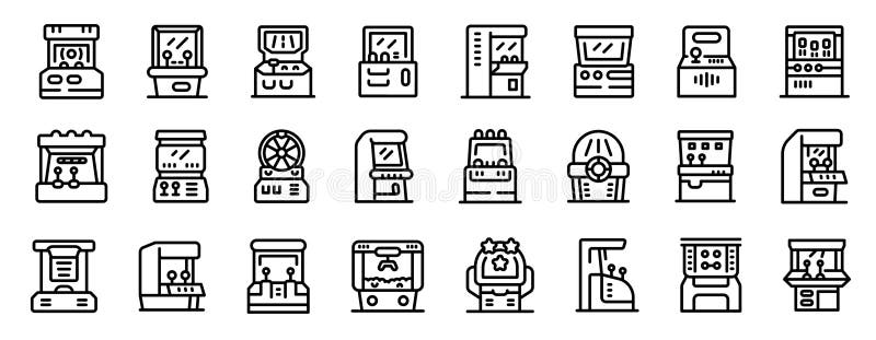 Retro arcade video game screen machine icons set outline vector stock illustration
