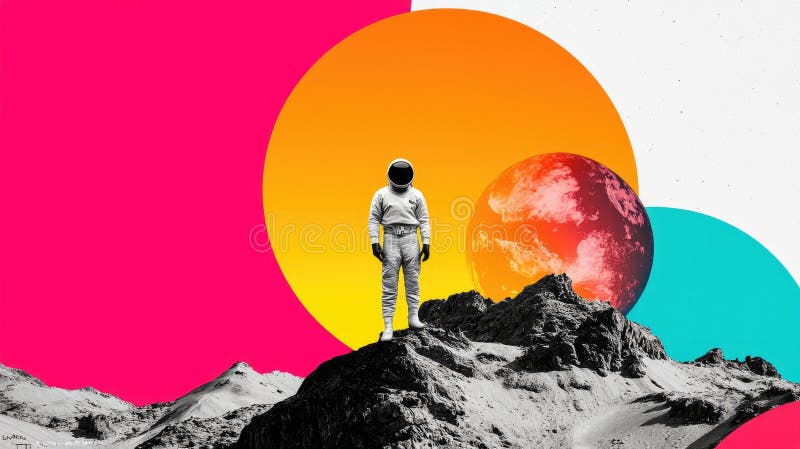 Retro-Astronaut erkundet Mondlandschaft für das Poster der World Space Week lizenzfreie stockfotos