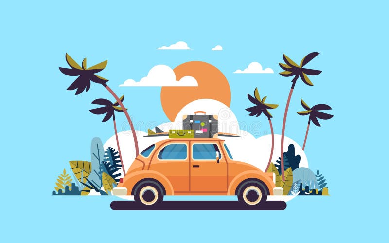 Retro auto met bagage op strand die van de dak het tropische zonsondergang uitstekende het malplaatjeaffiche vlak surfen van de g vector illustratie Retro auto met bagage op strand die van de dak het tropische zonsondergang uitstekende het malplaatjeaffiche vlak surfen van de g vector illustratie