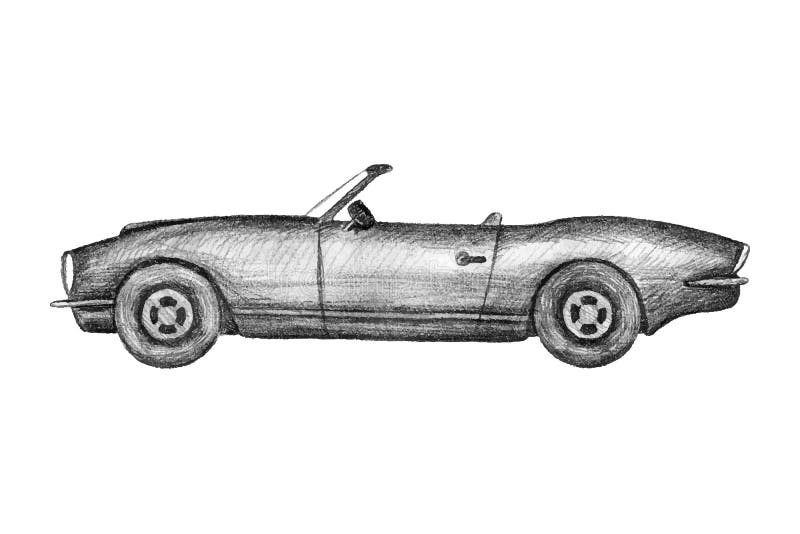 Retro automobile inventata disegnata a mano Disegno a matita nero su fondo bianco Cabriolet, automobile sportiva dell'evento illustrazione vettoriale