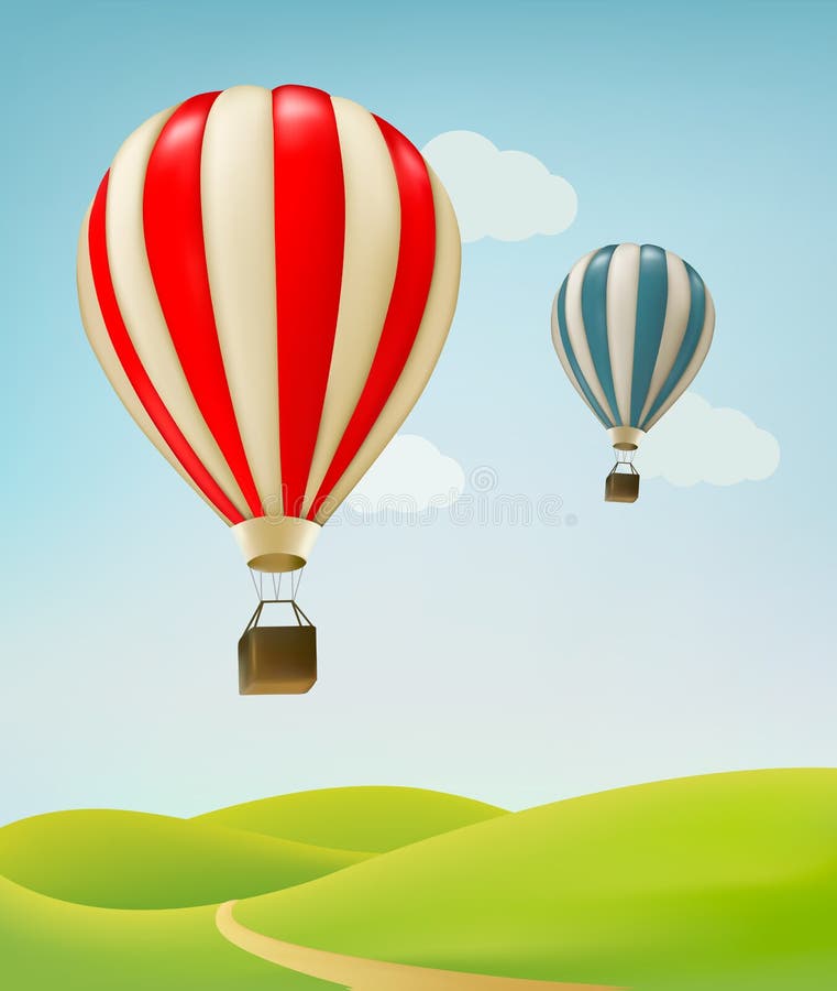 Retro background with colorful air balloons and green land.