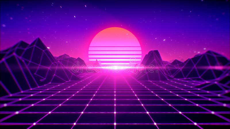 Retro Background Futuristic 80`s Style, Digital Summer Landscape Mountain,  Sun and Space with Laser Grid on Terrain, 3d Rendering Stock Illustration -  Illustration of digital, party: 175607463